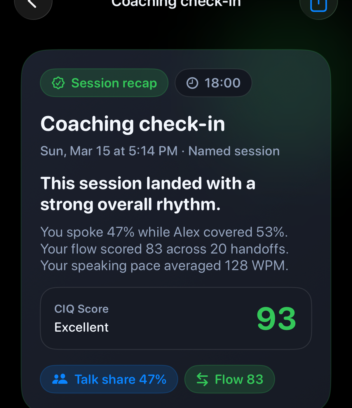 Session recap crop showing the speaking pace summary and CIQ score