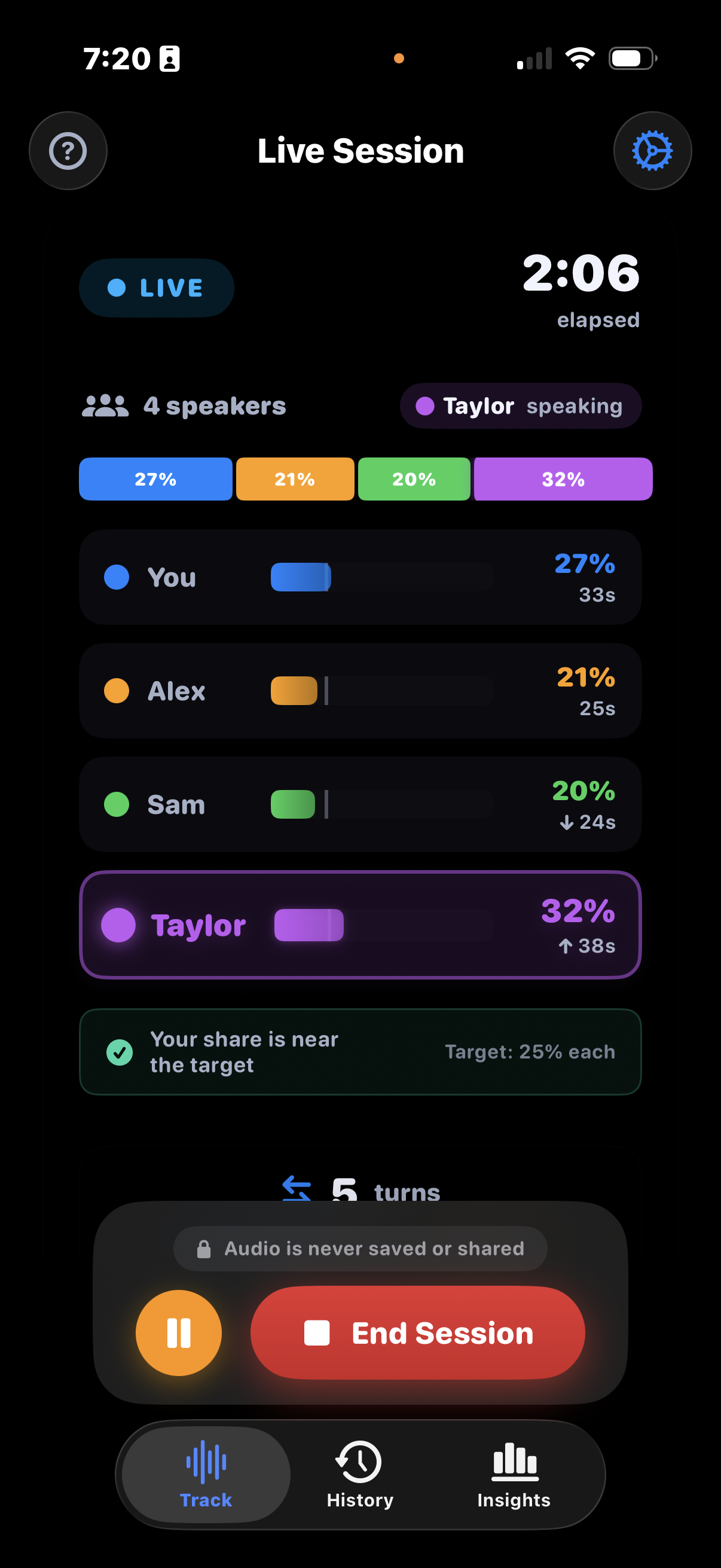 Track screen showing a multi-speaker conversation with live balance across the room
