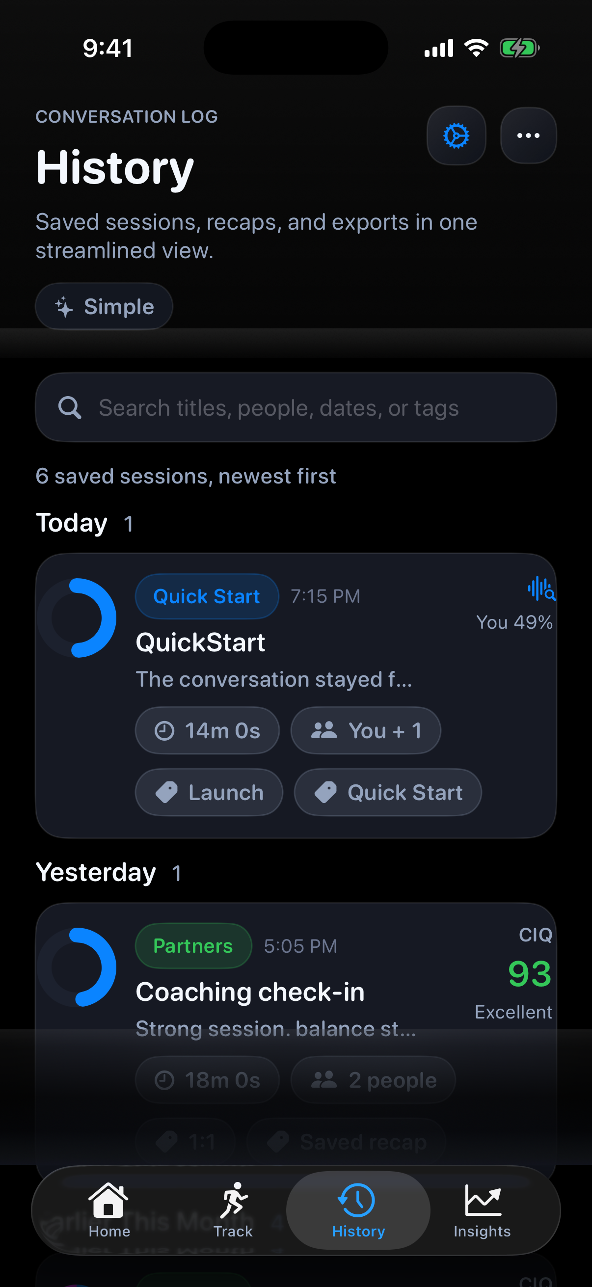 History screen showing saved recaps, named sessions, and session scores
