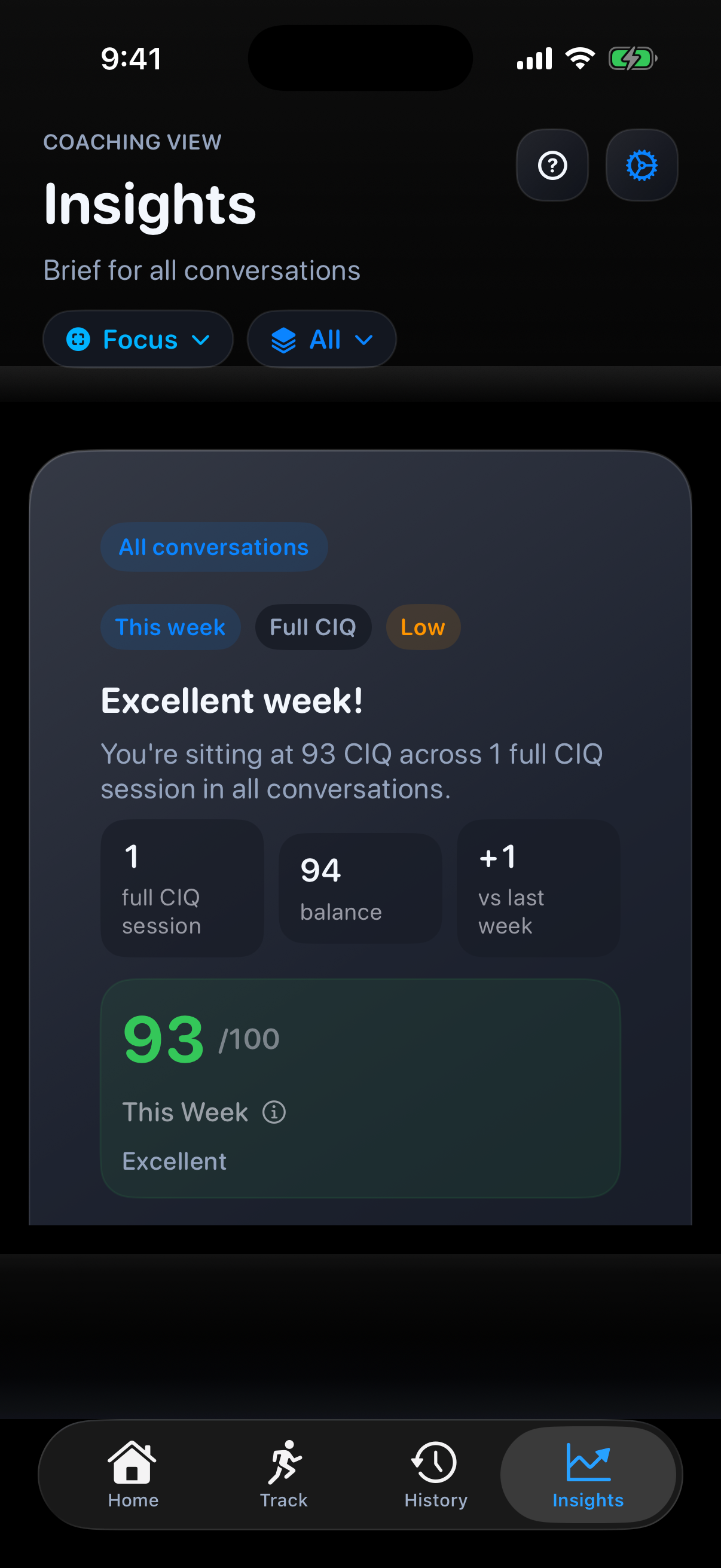 Insights screen showing the weekly CIQ score and coaching summary
